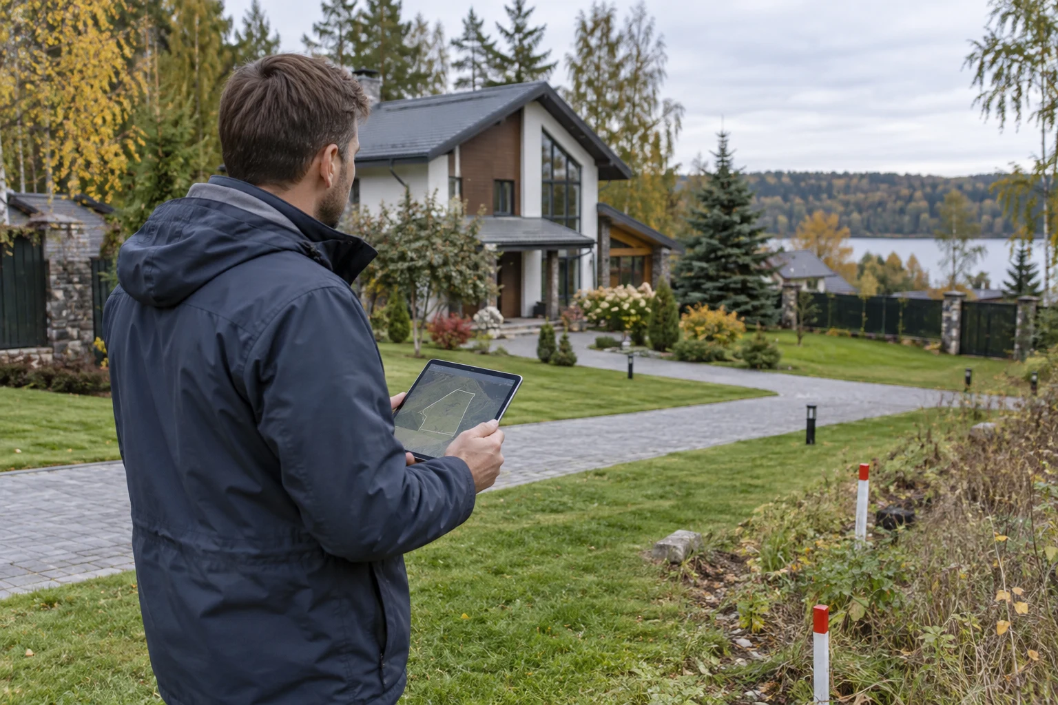 A specialist compares cadastral records with a country house and its plot boundaries