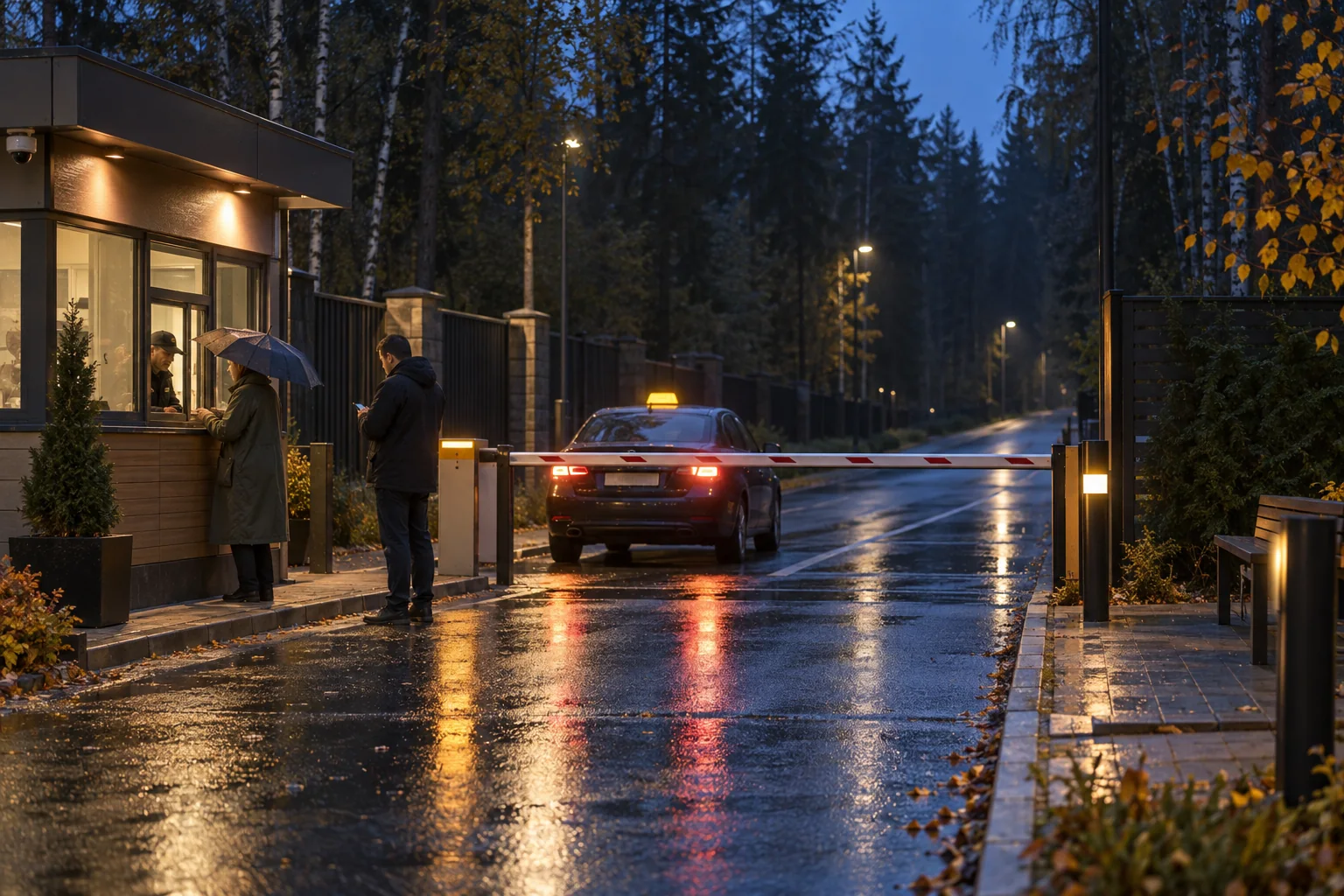 An evening field test of taxi pickup and gate access at a country-house community
