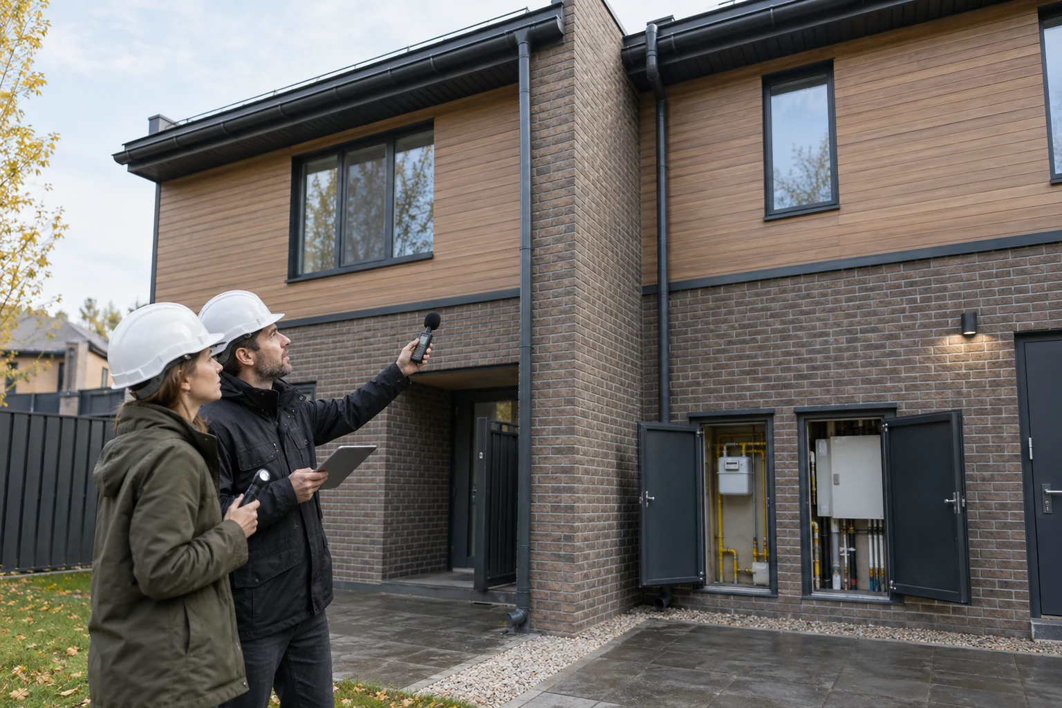 An architect and building surveyor inspect a townhouse party wall, roof junction and separate utility entries